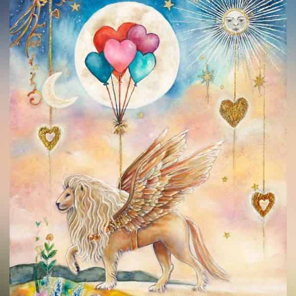 Winged Lion, Heart Balloons: Celestial Guardian of the Heartlight Greeting Cards - Picture 1 of 2